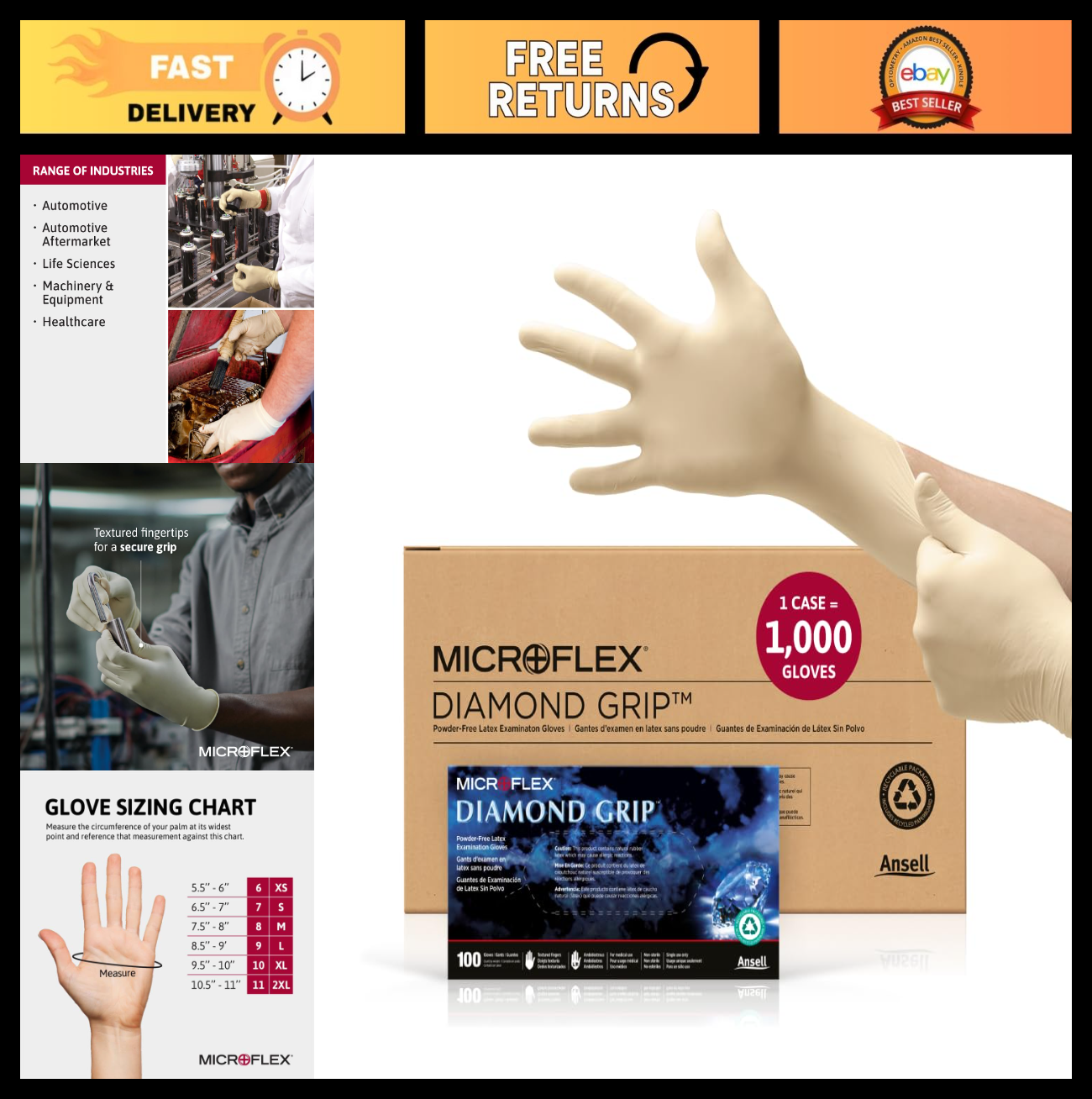 Disposable Latex Gloves - Large, Diamond Grip for Automotive & Healthcare - 10000