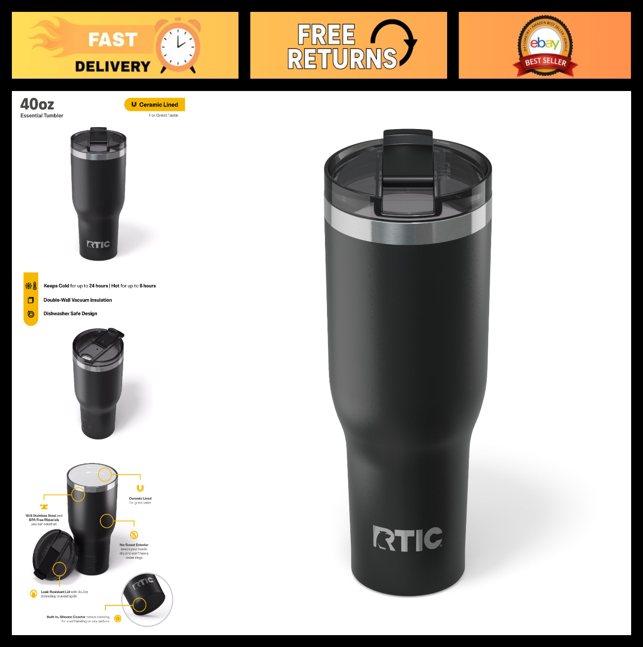 40oz Insulated Travel Tumbler with Lid, Ceramic Lined, Double Wall, Hot & Cold D0