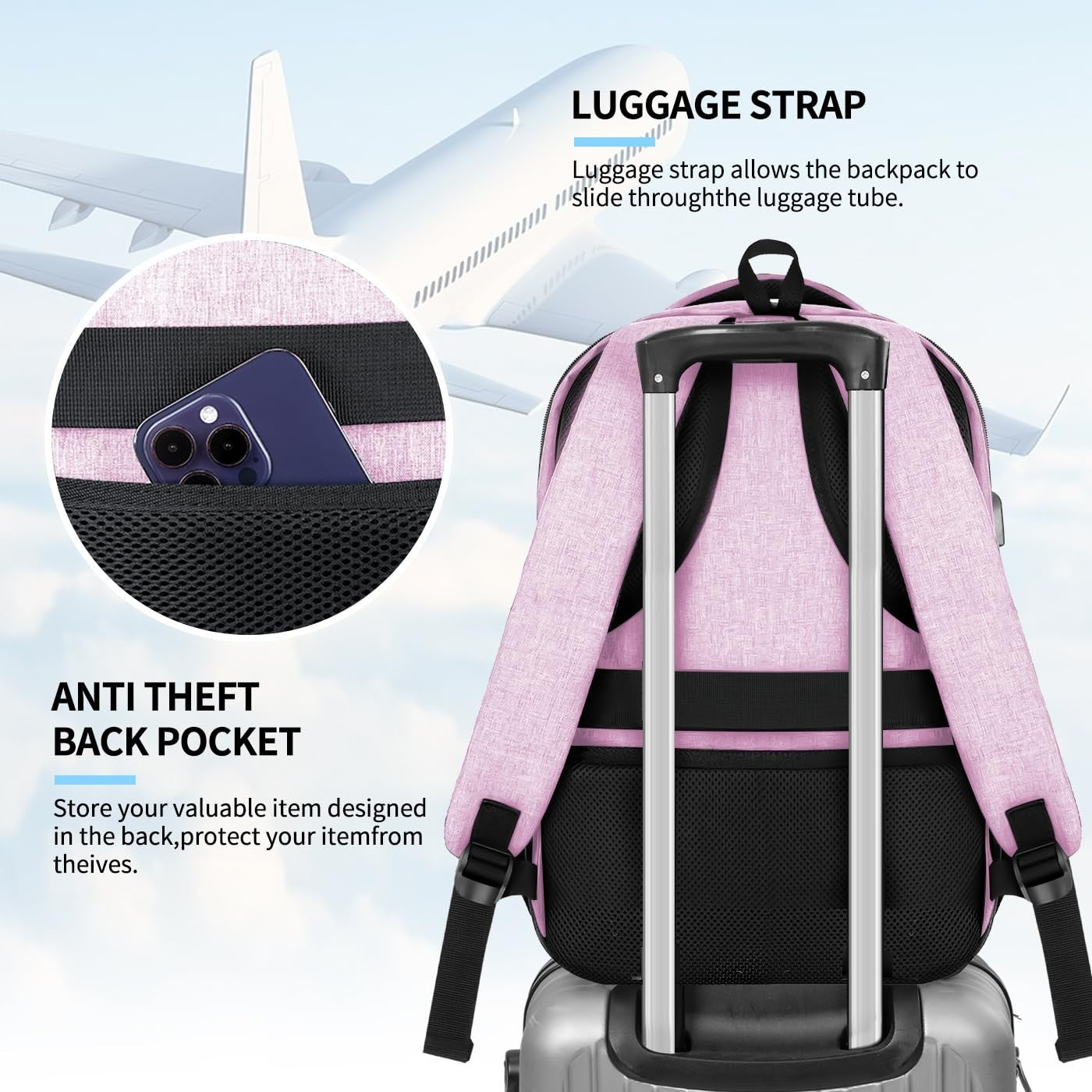 Pink Backpack for Women, USB Charging School Bag for Girls, Fits 15.6" Laptop7