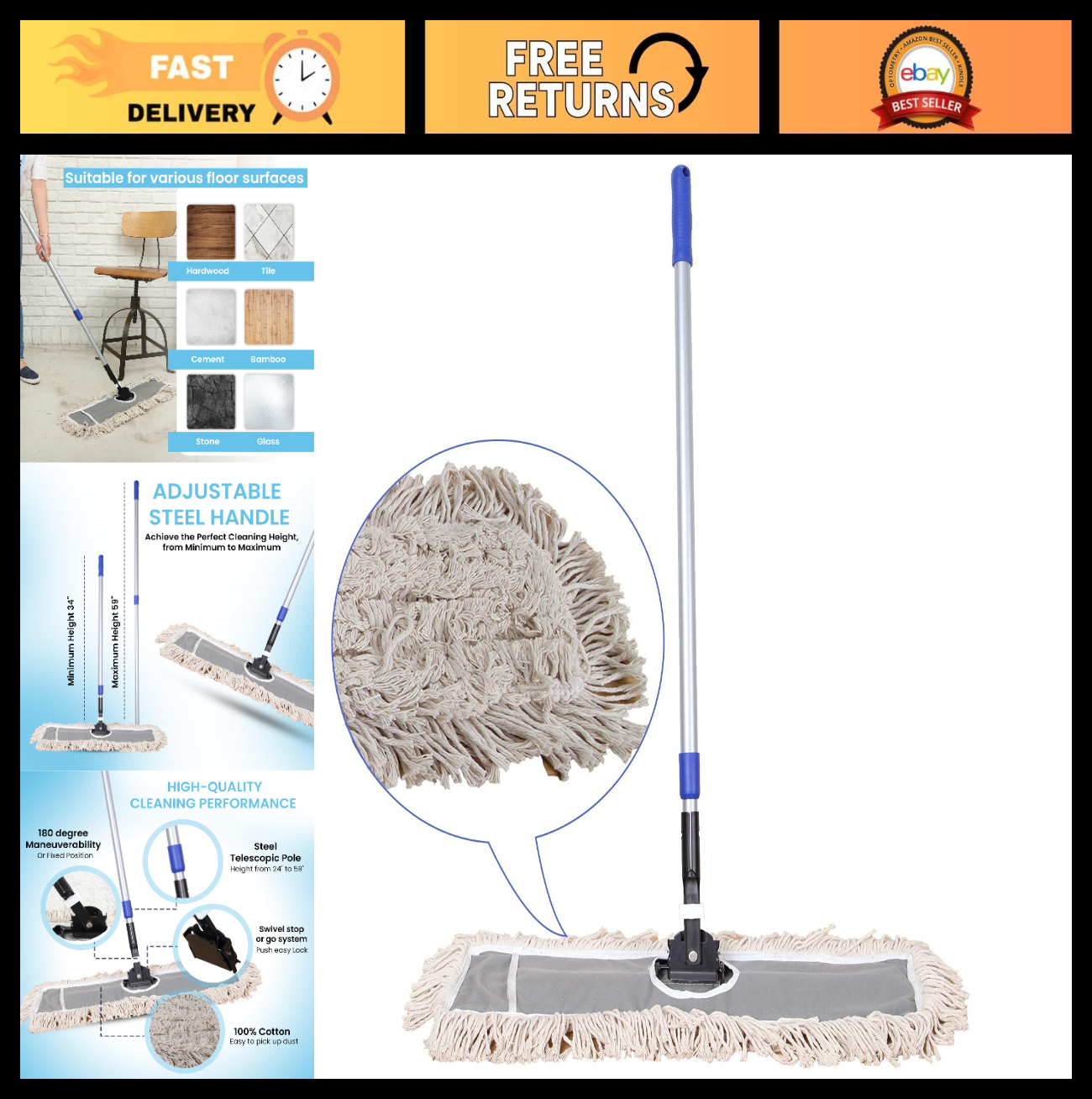 24" Industrial Cotton Dust Mop with Adjustable Steel Handle - Commercial Floor C0