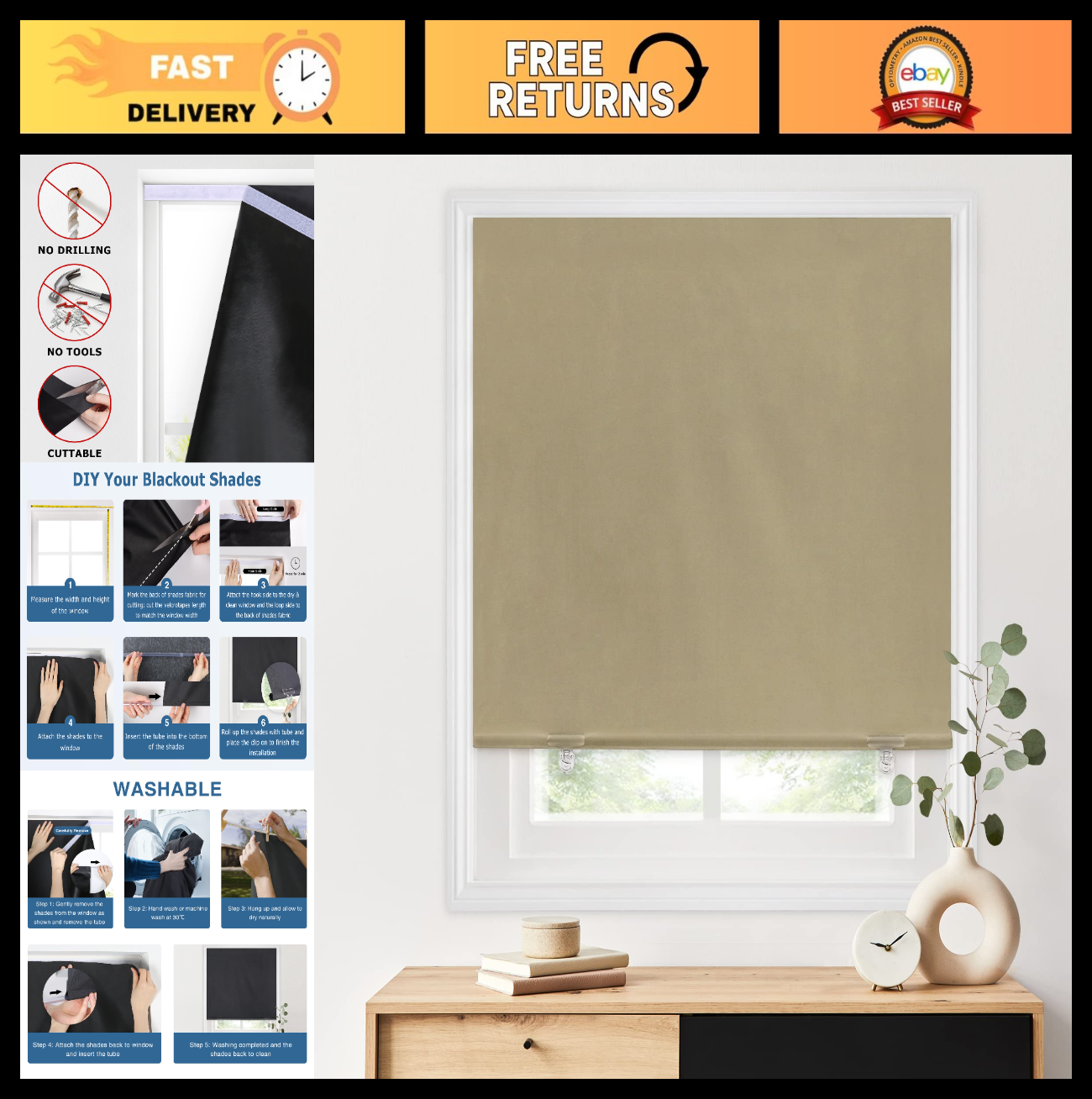 100% Blackout Roller Shades 36"x72" Beige | Cordless No Drill Thermal Insulation0