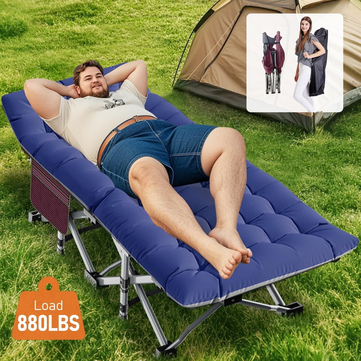 Folding Camping Cot for Adults   28" Wide, 880 lbs Capacity, Padded with Carry B3