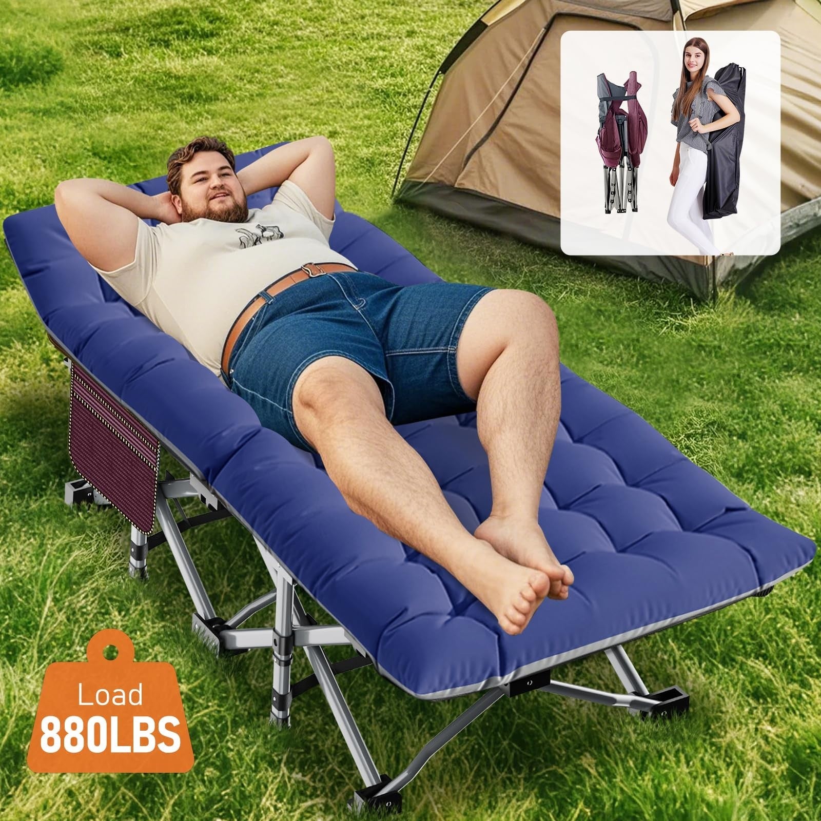 Folding Camping Cot for Adults   28" Wide, 880 lbs Capacity, Padded with Carry B3