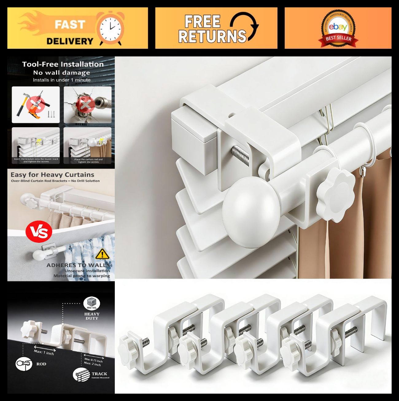 No Drill Curtain Rod Brackets for Outside-Mount Blinds, Tool-Free, Renter Friend0