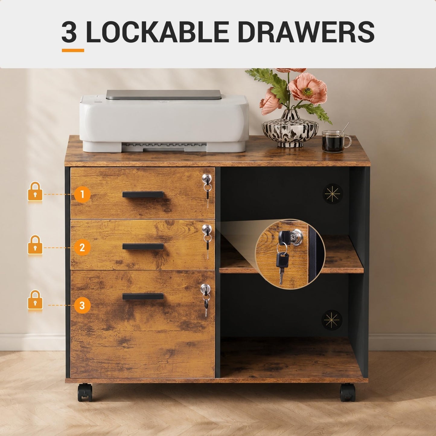 3 Drawer Locking File Cabinet, Rustic Wood Office Storage, Rolling Printer Stand5
