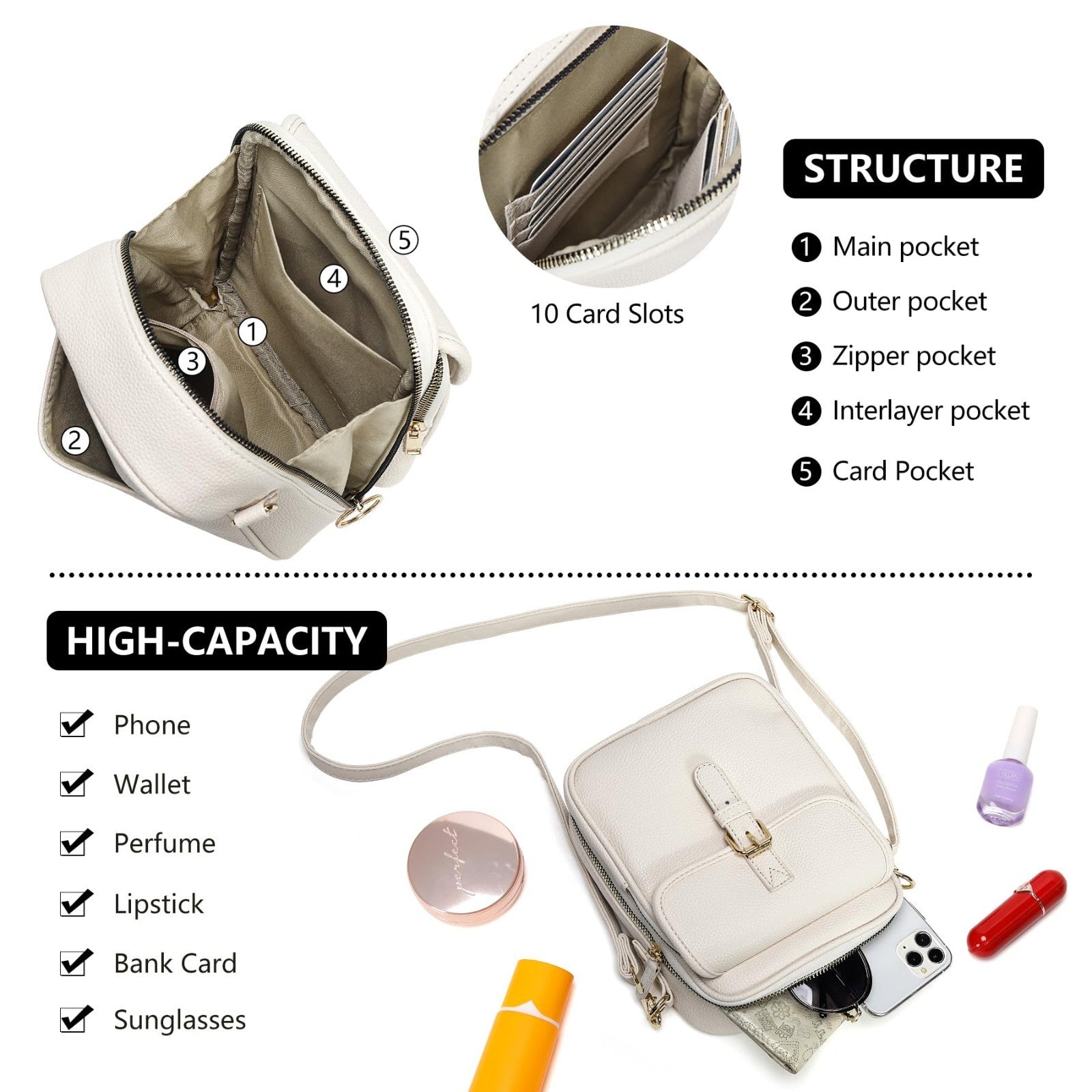 Vegan Leather Crossbody Bag for Women - Vintage Anti-Theft Messenger Purse with4