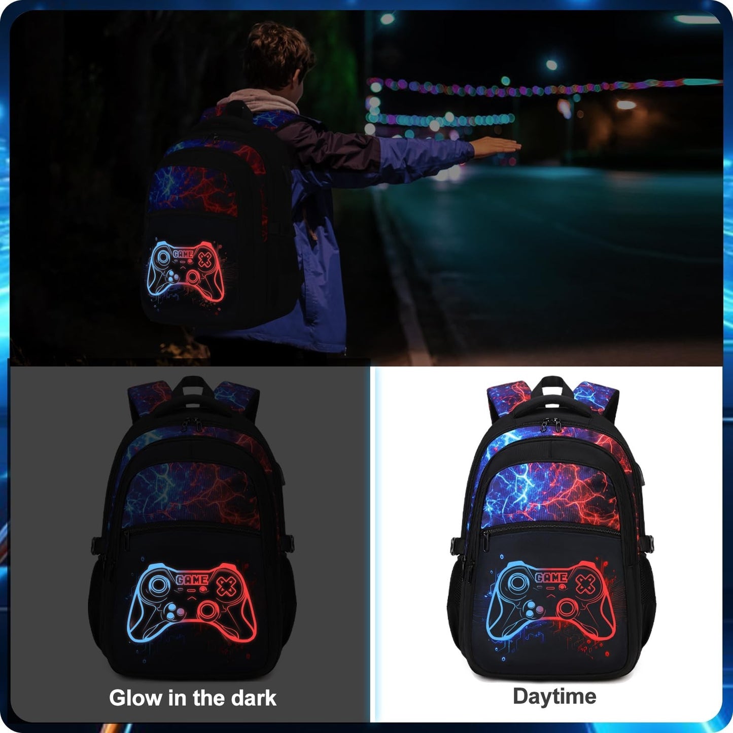 Cool Luminous Gamer Backpack Set for Boys, 6PCS with Insulated Water Bottle & Lu7
