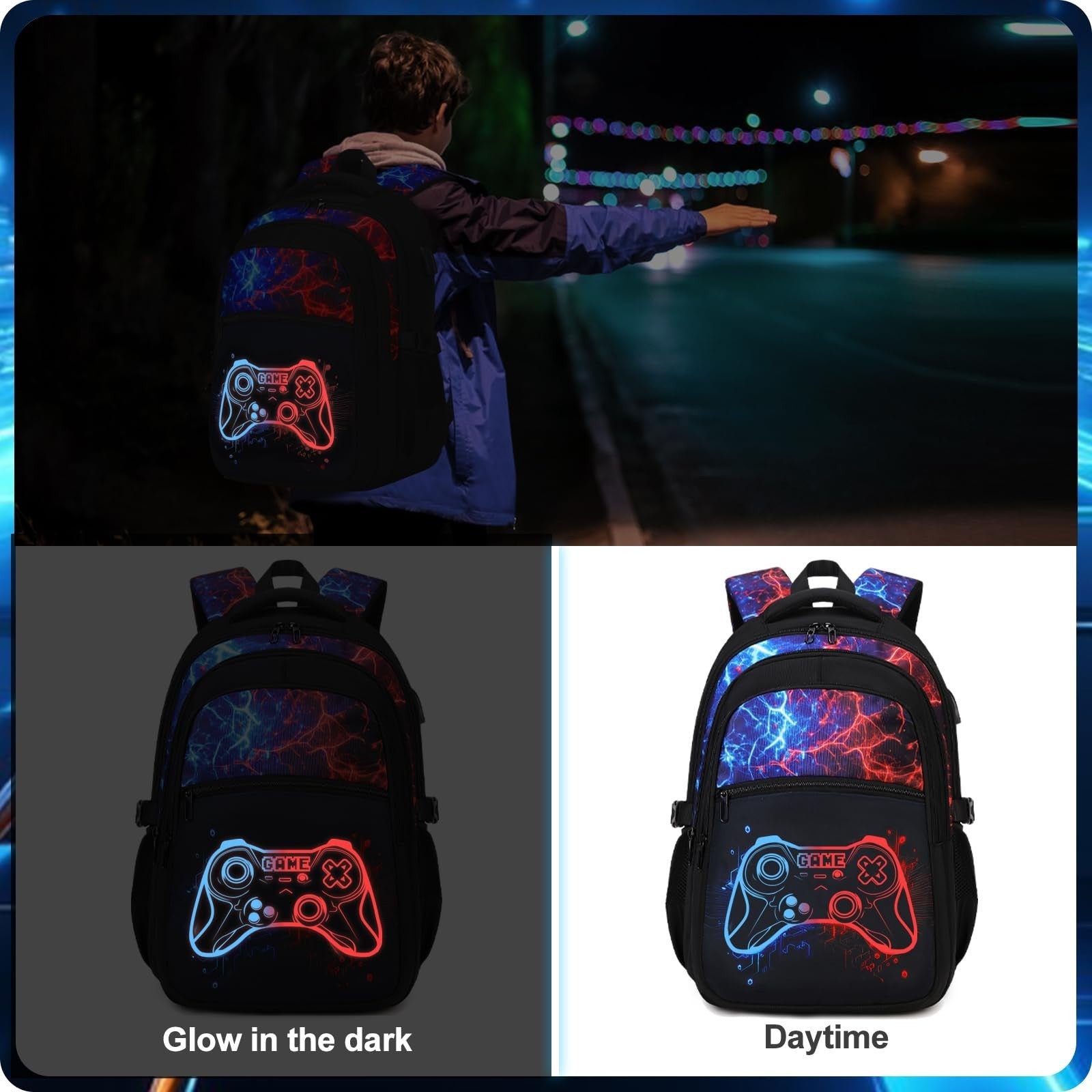 Cool Luminous Gamer Backpack Set for Boys, 6PCS with Insulated Water Bottle & Lu7