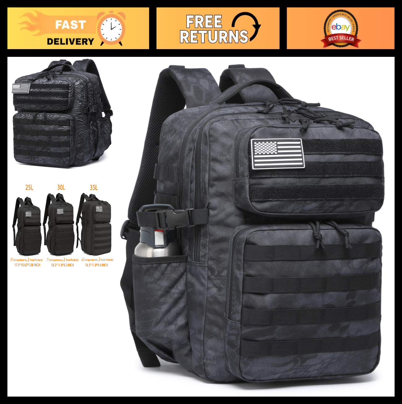 Waterproof Military Tactical Backpack   3 Day Assault Pack, Molle Daypack with W0