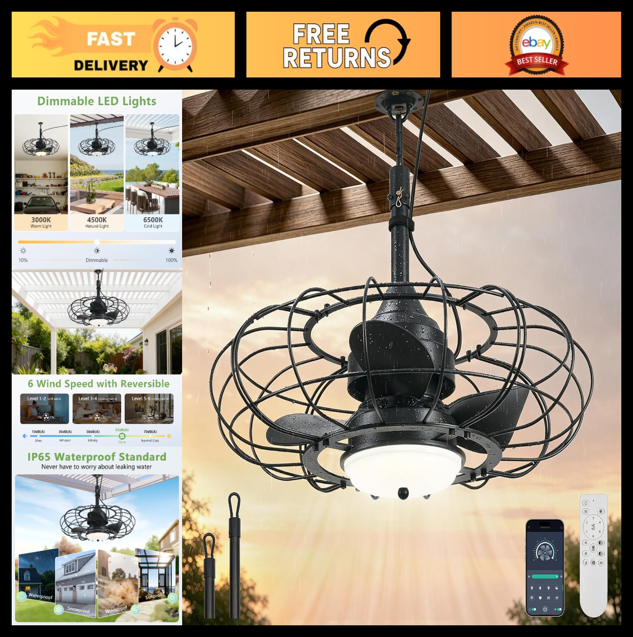 20" Black Outdoor Ceiling Fan with Light & Remote, 6 Speed Waterproof Patio Fan0