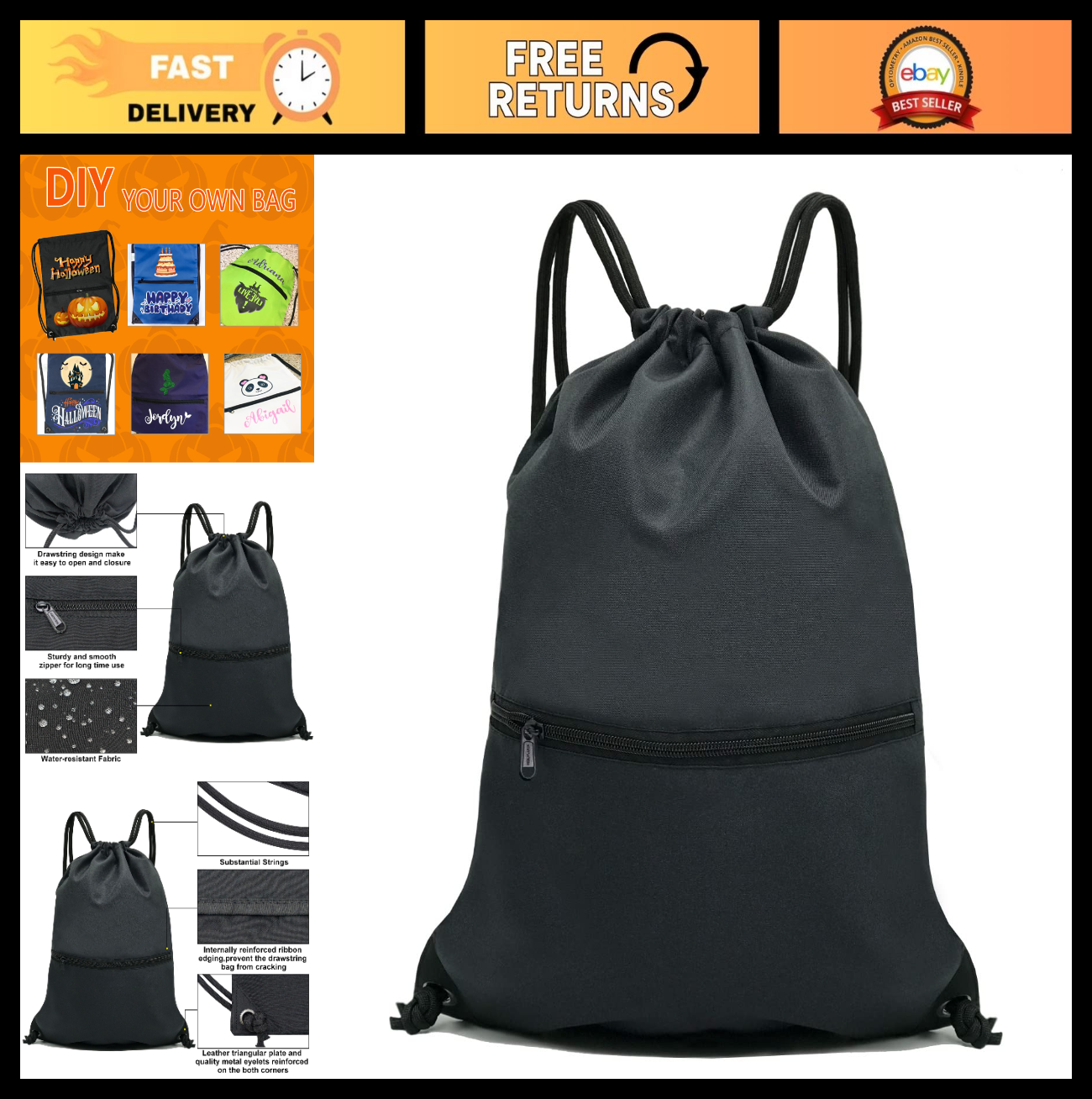 Durable Drawstring Backpack Gym Bag   Lightweight Sport Sackpack for Travel & Fi0