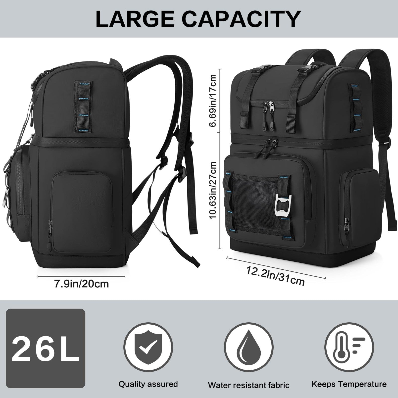 Large Waterproof Insulated Cooler Backpack - Double Decker, Leak Proof, 26L, 442