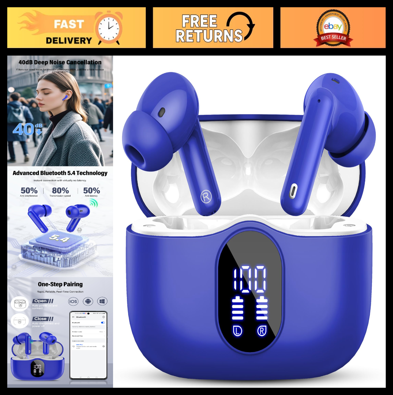 Wireless Bluetooth 5.4 Earbuds, Noise Cancelling, IP7 Waterproof, 36H Playtime,0