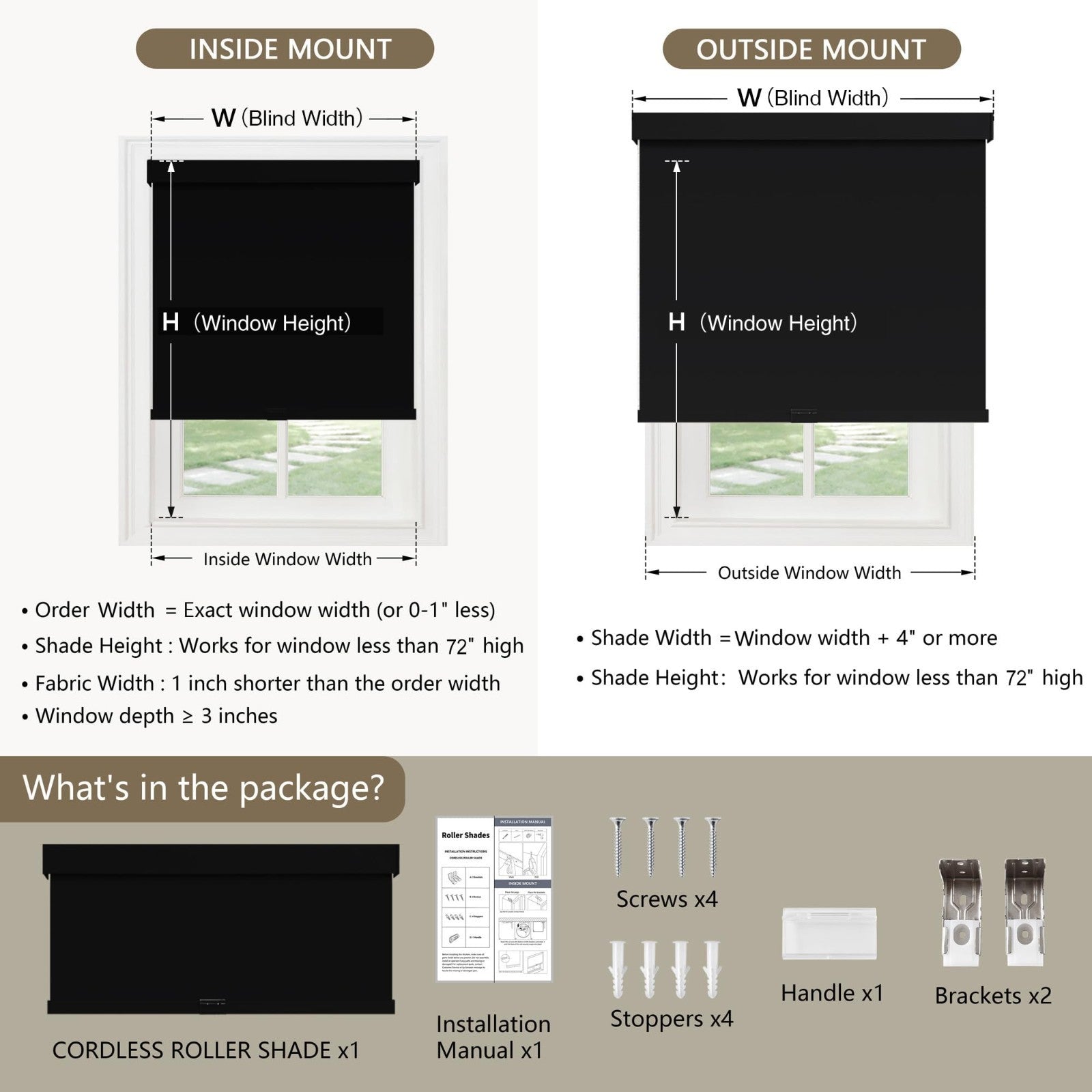 Cordless Blackout Roller Shades 20"W x 72"H, Thermal Insulated, UV Protection, R2