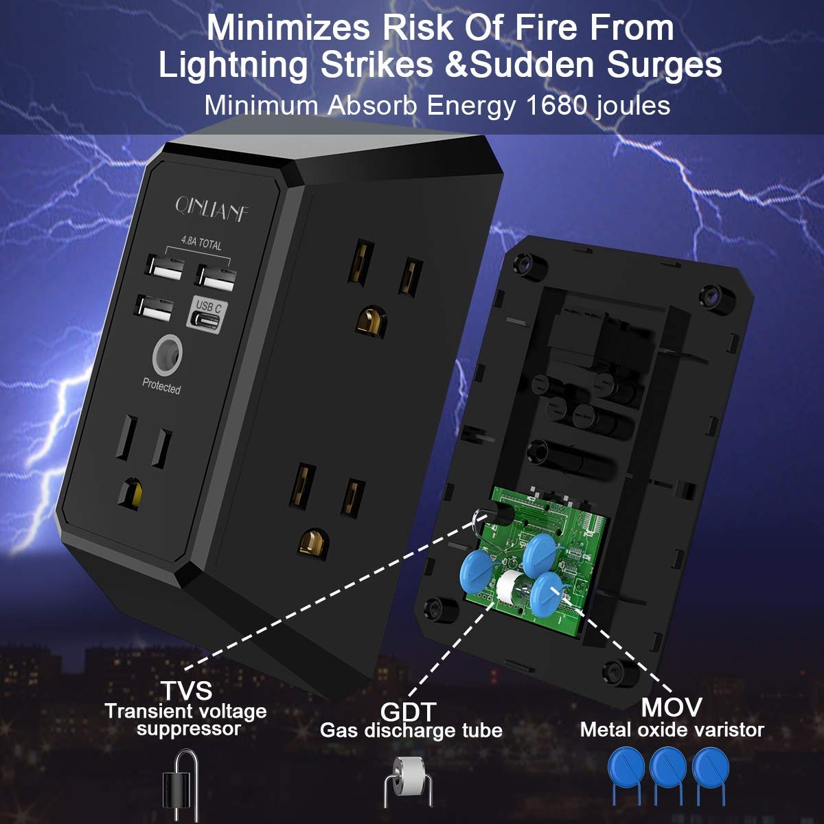 5 Outlet USB Wall Charger Surge Protector Power Strip 4.8A 3 Sided Multi Plug Ad5