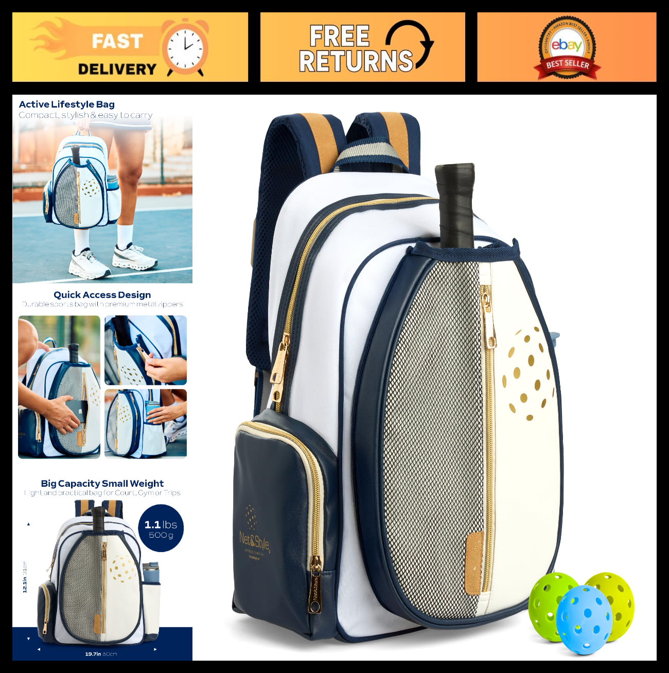 Large Capacity Pickleball Backpack with Paddle Holder, Ball Pocket & Water Bottl0