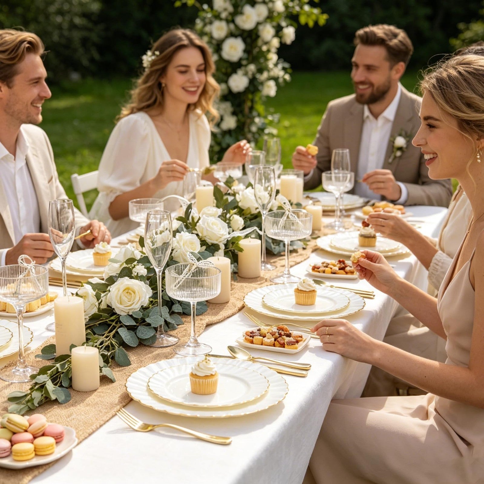 50PCS Heavy Duty Ivory Scalloped Plastic Plates with Gold Rim - 25 Dinner & 25 D8
