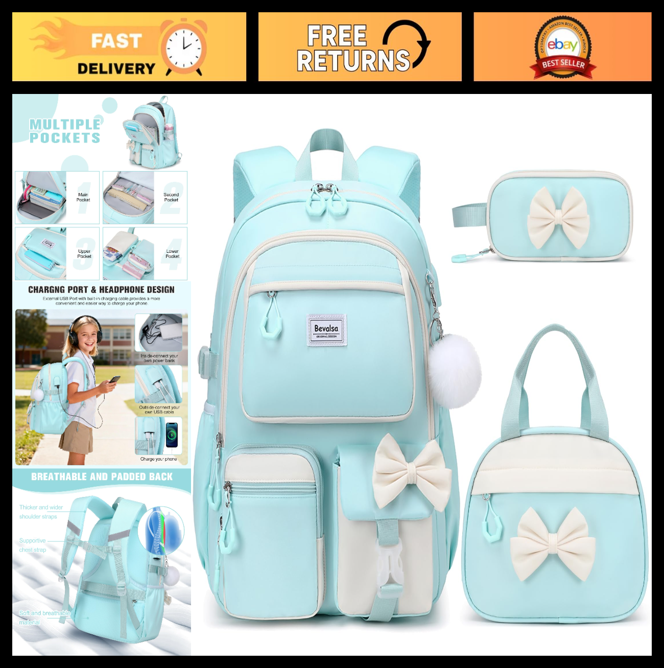 Cute Bow Backpack for Girls   School Bag Set with Lunch Bag & Pen Case0