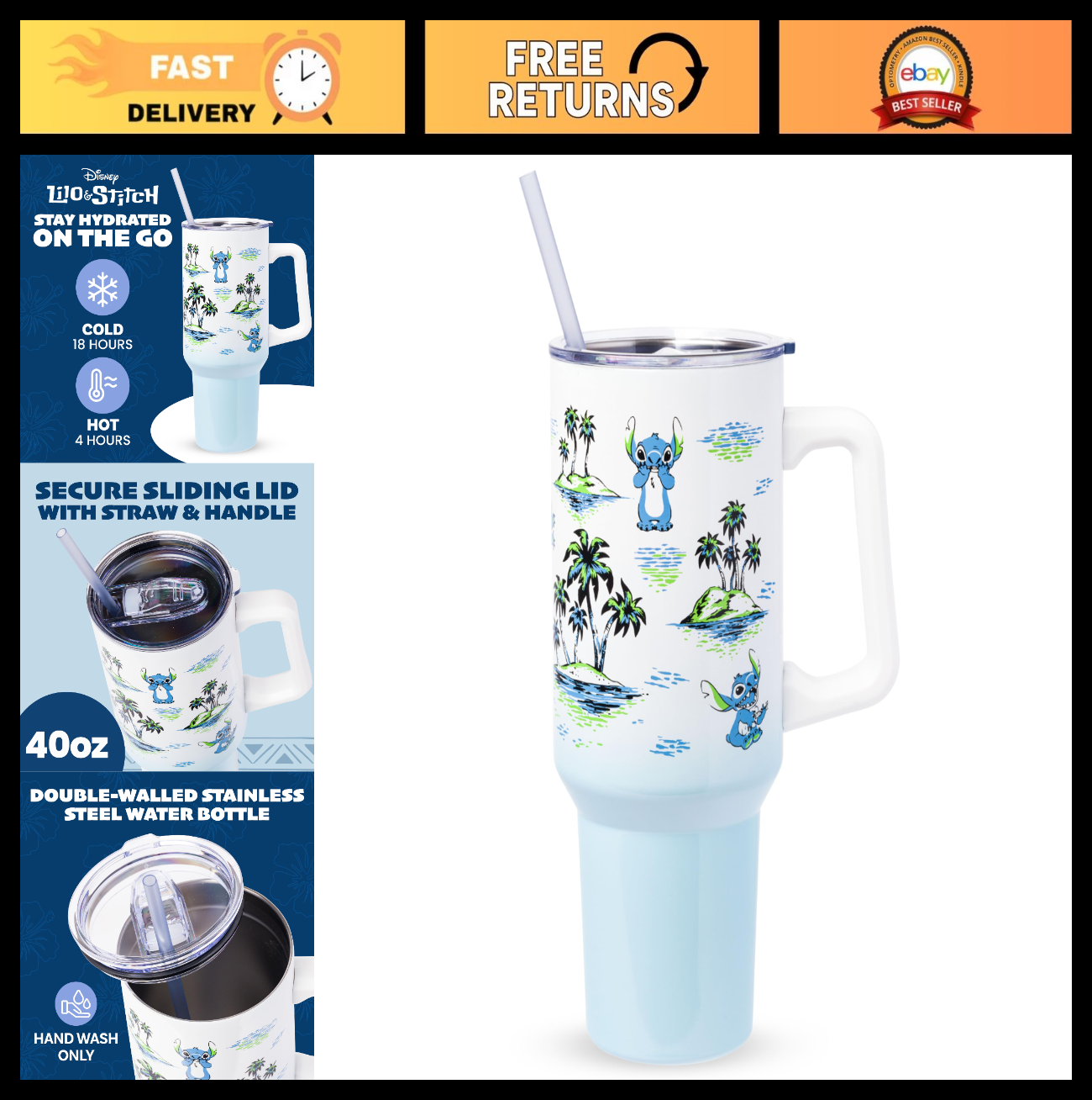Vintage Lilo & Stitch Tumbler   Double Walled, 40oz, Fits Cup Holder, Straw & Ha0
