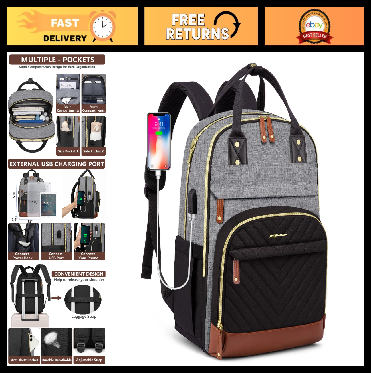 Stylish 15.6" Laptop Backpack for Women & Teens, USB Charger, Waterproof, Casual0