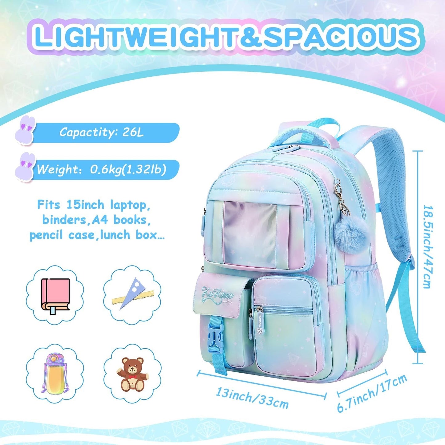 Kids Backpack for Girls - School Bag for Middle School & Elementary - Blue Book5