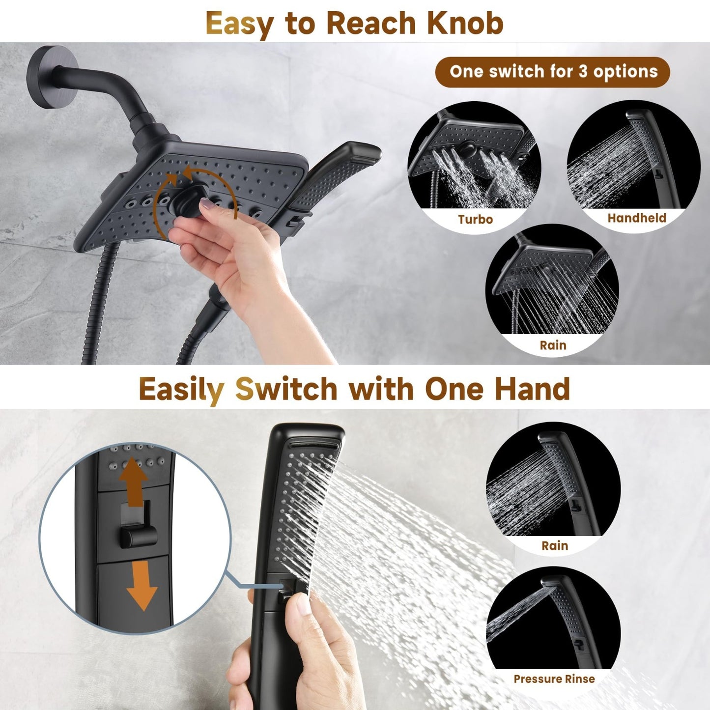 High Pressure Dual Shower Head Combo   Rainfall & Handheld, 4 Spray Settings, To3