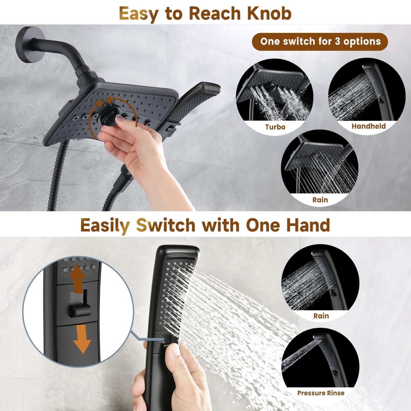 High Pressure Dual Shower Head Combo   Rainfall & Handheld, 4 Spray Settings, To3