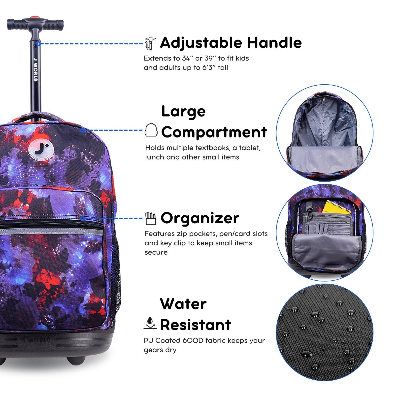 Kids Rolling Backpack with Wheels, School Roller Bookbag for Girls & Boys, 18"x14