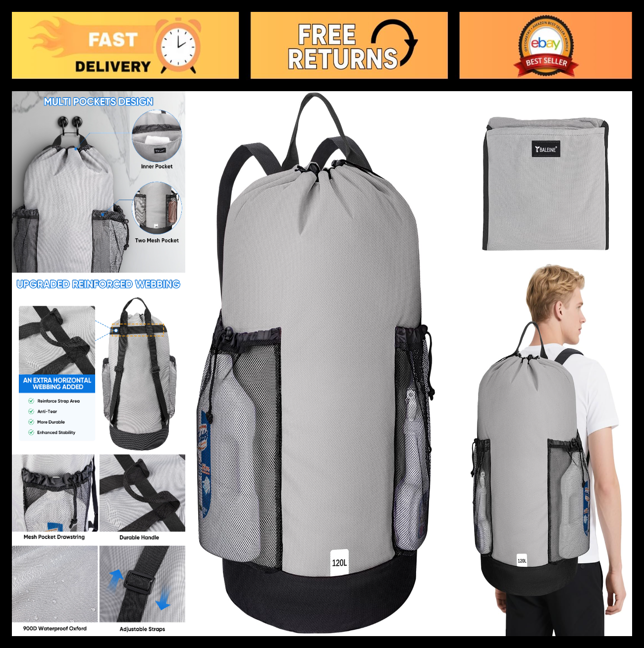 120L Large Laundry Backpack Bag - Durable Oxford Fabric, Shoulder Straps & Mesh0