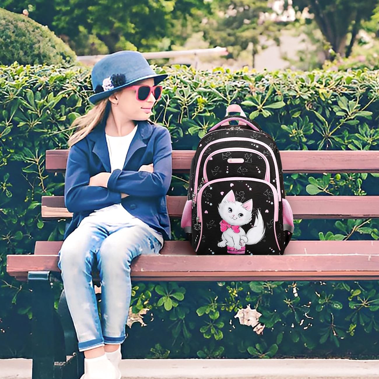 Girls' 16" Cat Print School Backpack for Kids Ages 6 10, Cute Bookbag for Elemen6