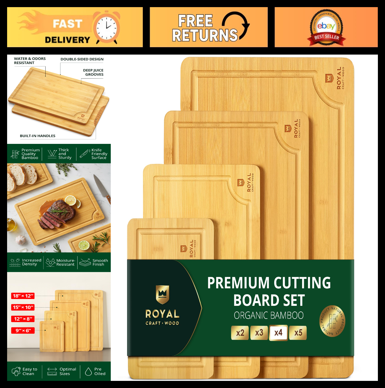 Wooden Cutting Boards Set   Bamboo Meal Prep & Serving Board with Juice Groove,0