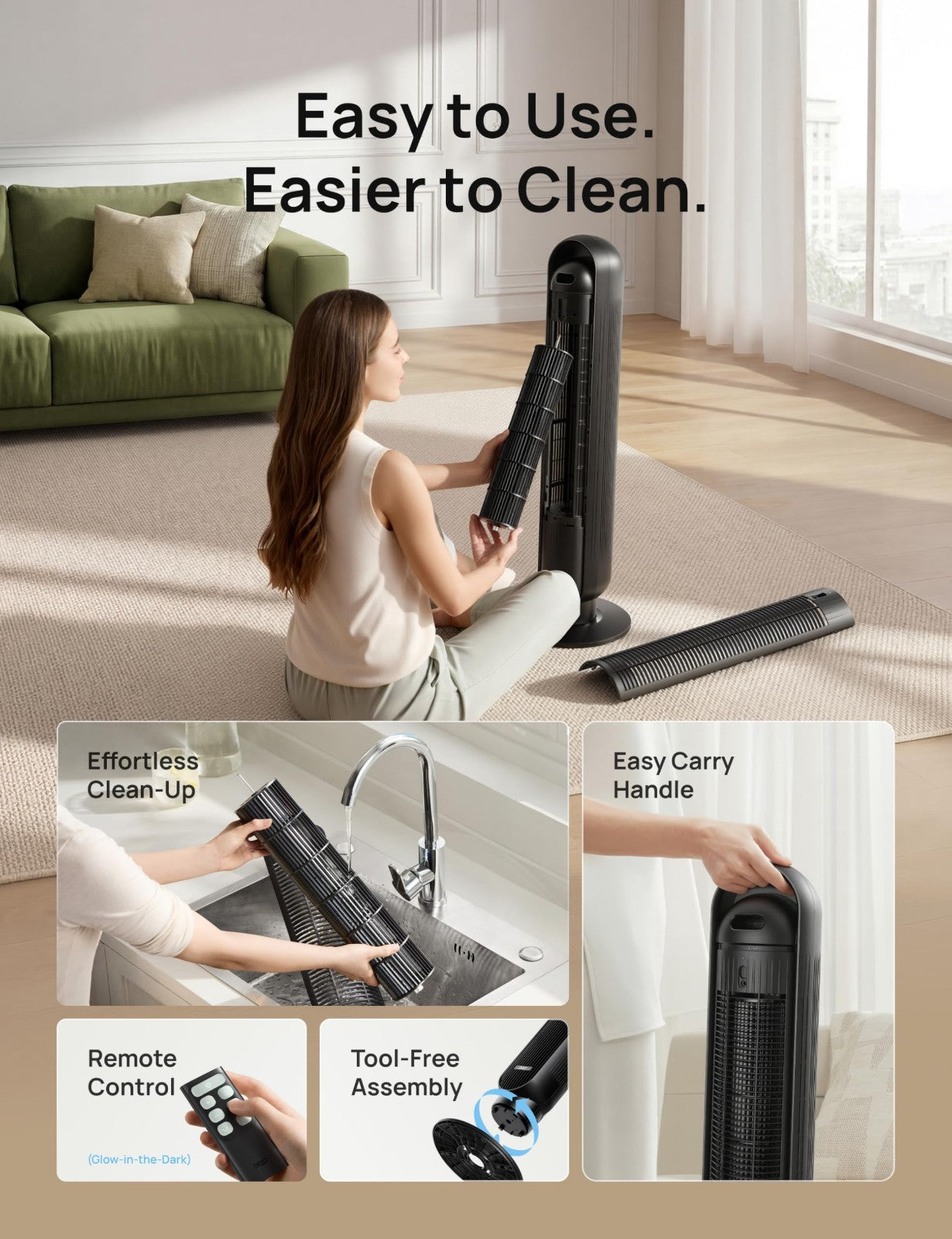 Bladeless Tower Fan with 28ft/s Velocity, 20dB Ultra Quiet, 8 Speeds, 90° Oscill6