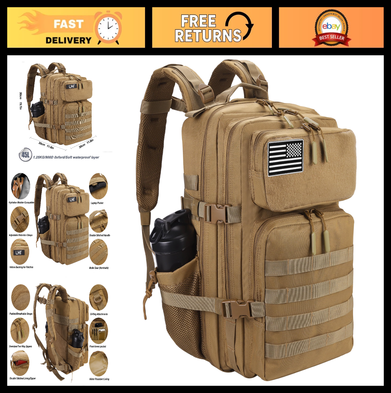 Tactical 45L Military Backpack for Men & Women   3 Day Assault Rucksack with Mol0