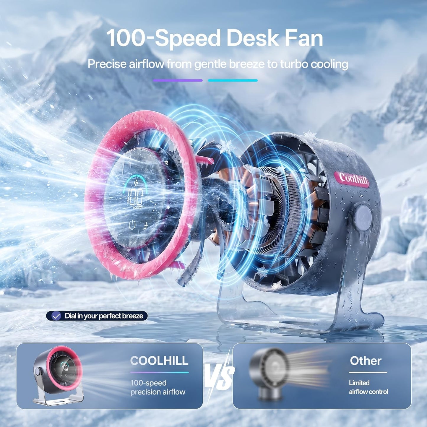 Quiet USB Desk Fan   100 Speeds, Digital Display, Turbo Airflow, 120° Rotation,5