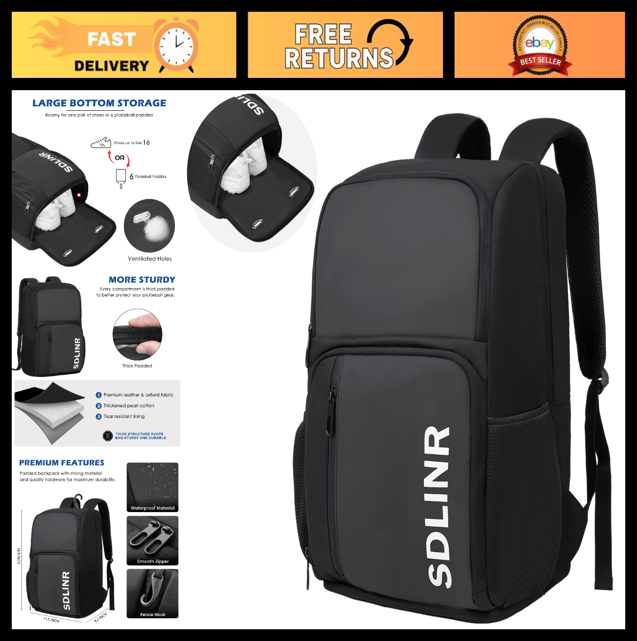 Large Pickleball Backpack Bag for 4+ Paddles | Water-Resistant, Shoe Compartment0