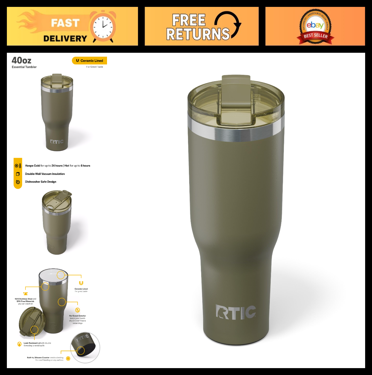 40oz Insulated Tumbler with Lid   Double Wall Vacuum Sealed Travel Cup for Hot &0