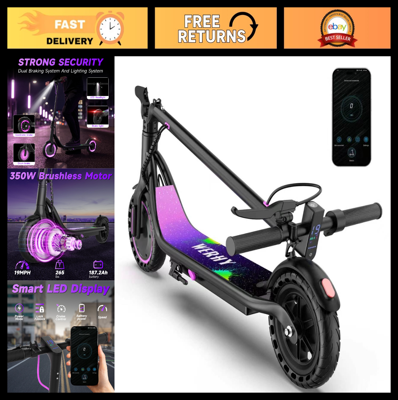 Powerful Electric Scooter 500W Motor, 19MPH Speed, 16-27 Miles Range, Folding E-0