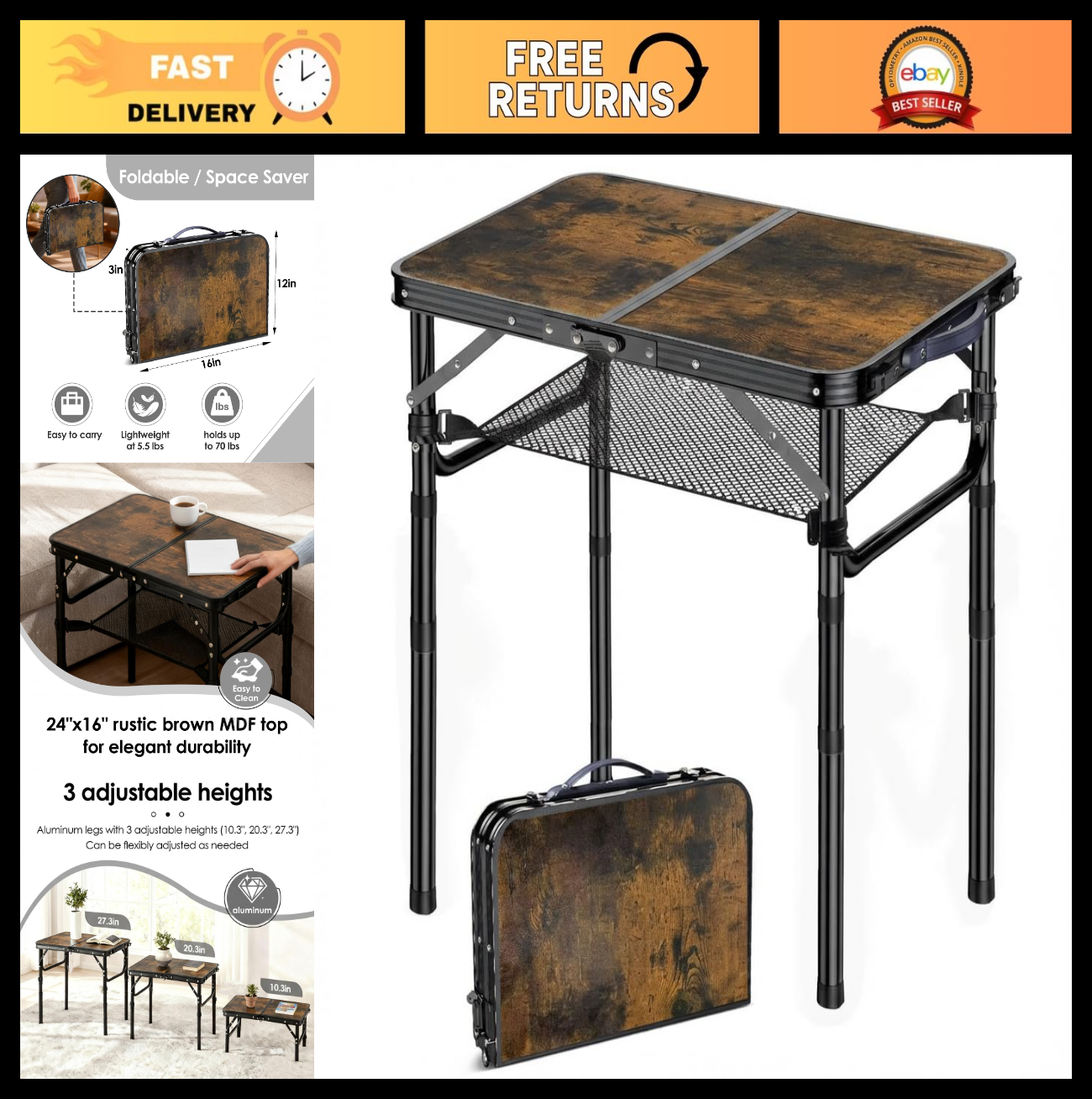 Folding Adjustable Height TV Tray Table - Portable Snack Couch Side Table for In0