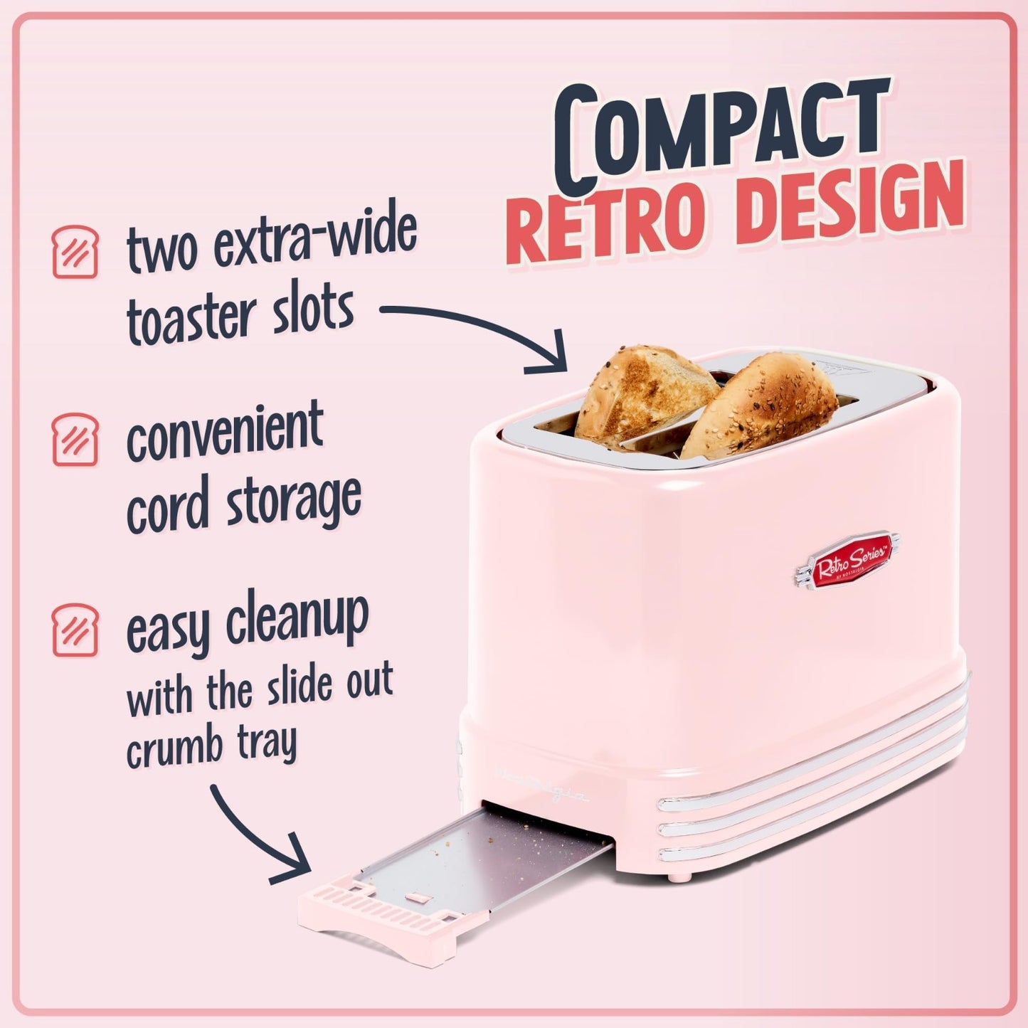 Vintage Retro 2 Slice Toaster   Wide Slots, Crumb Tray, 5 Toasting Levels, Pink3