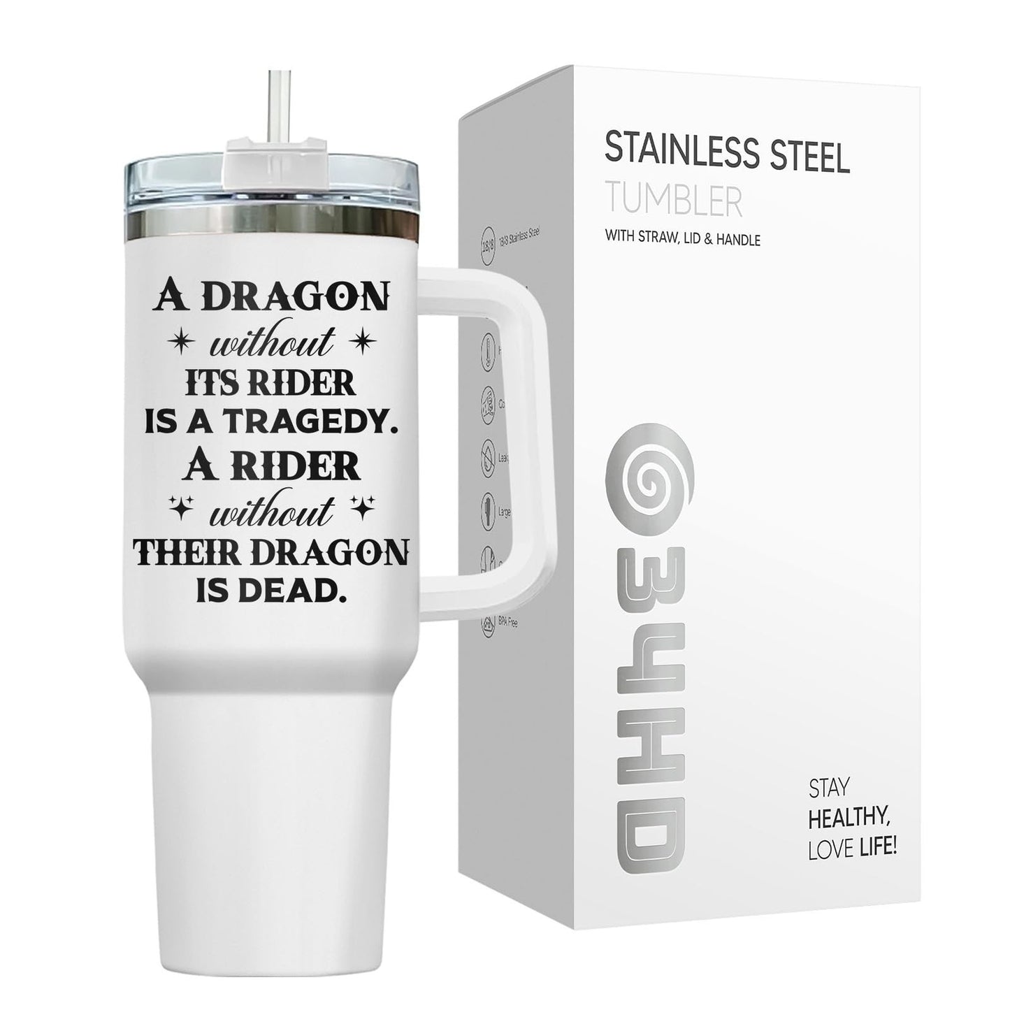 40oz Insulated Tumbler with Handle & Straw   Dragon Rider Travel Mug, Perfect Gi5