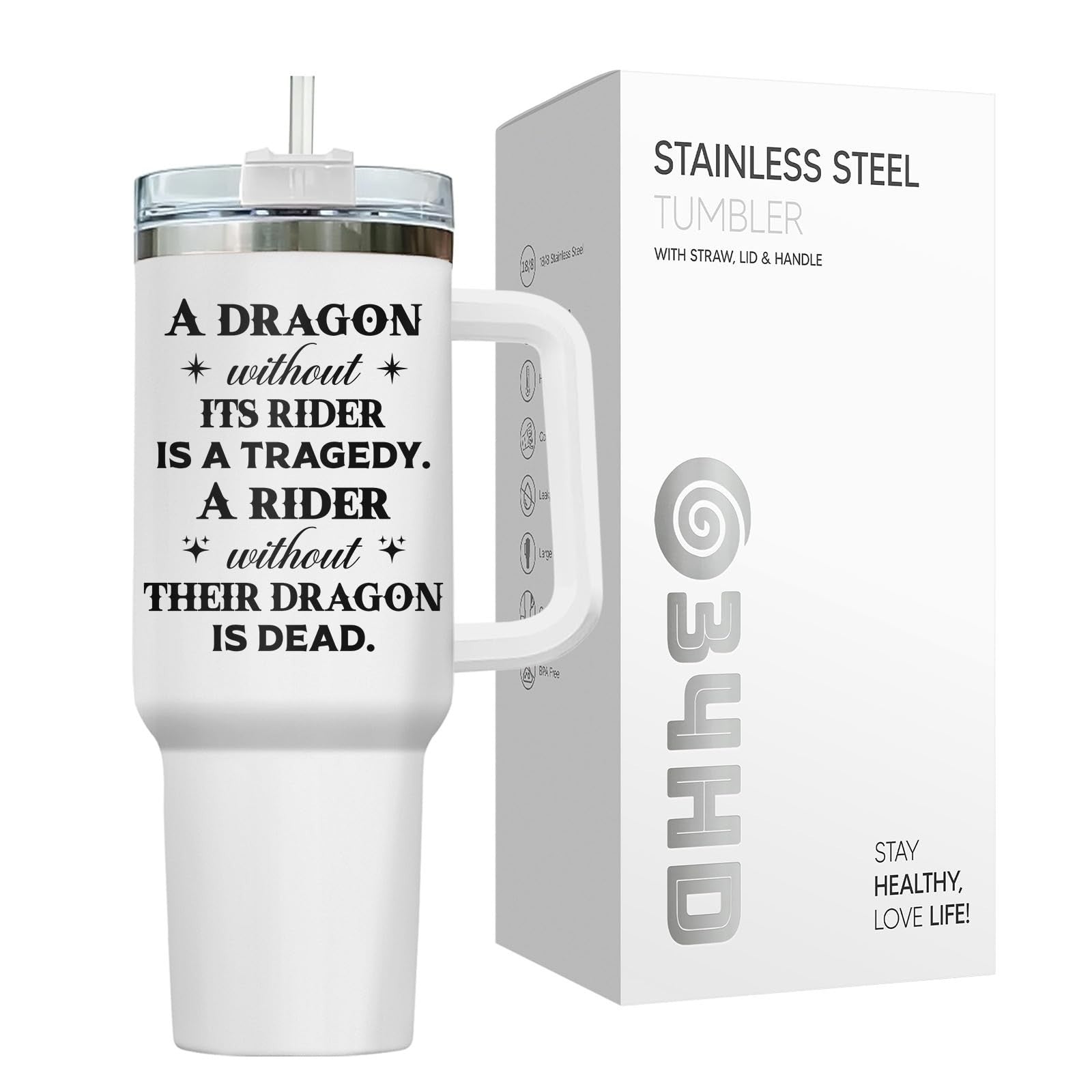 40oz Insulated Tumbler with Handle & Straw   Dragon Rider Travel Mug, Perfect Gi5