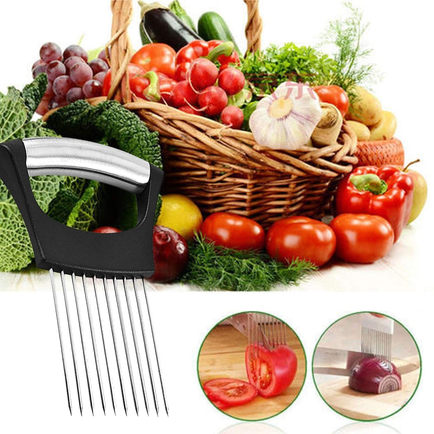 Stainless Steel Onion Holder & Slicer   Kitchen Gadget for Onions, Tomatoes, Avo4