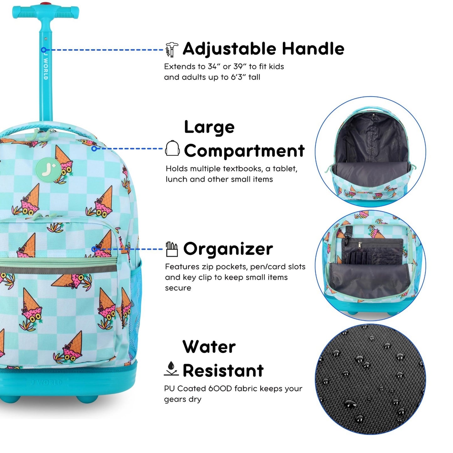 Kids Rolling Backpack with Wheels, 18x13x9, Ice Cone Design, School Bookbag for2