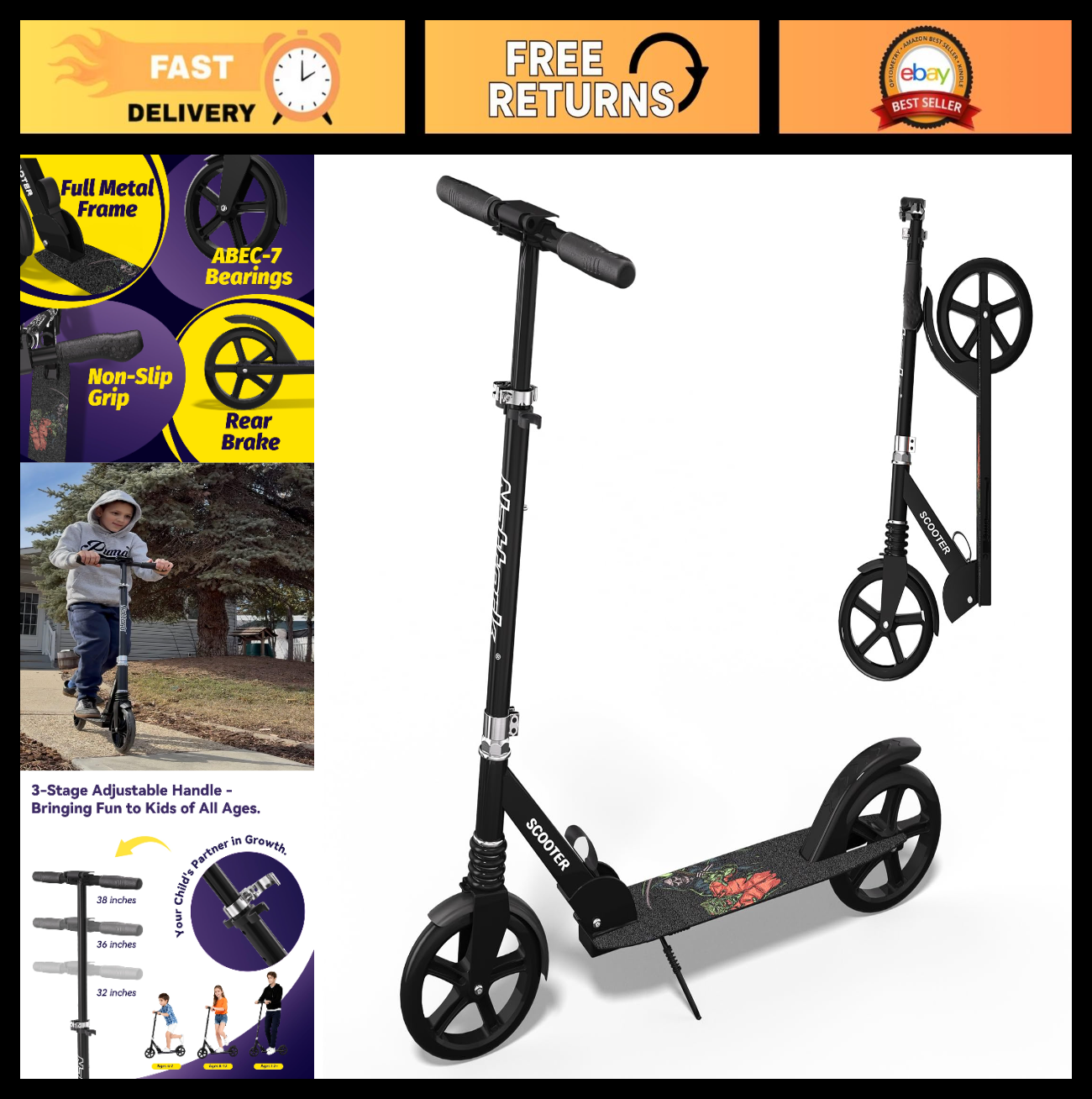 Adjustable Kick Scooter for Kids & Teens, Max Load 240 LBS, Foldable, 8" Wheels,0