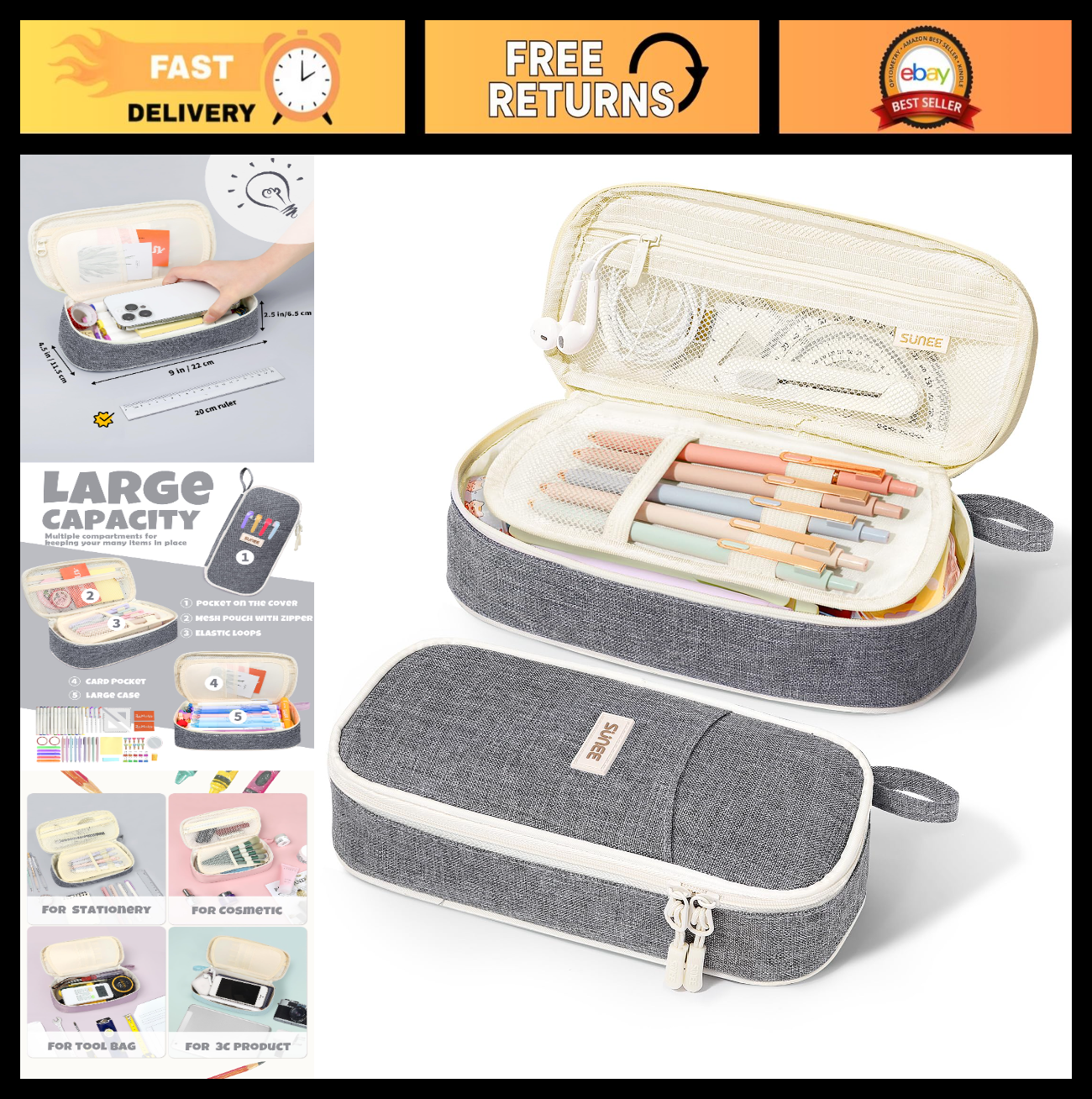 Cute Aesthetic Pencil Case, Large Zipper Pen Pouch, Kawaii Stationery Organizer,0