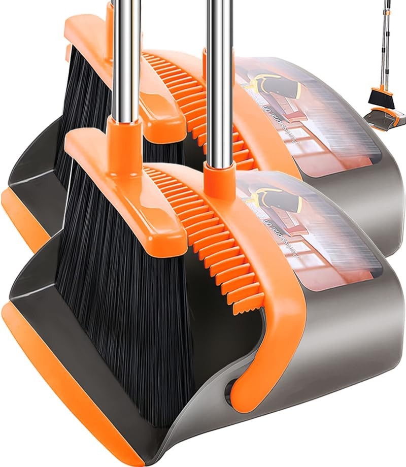 Upgraded 2-Pack Broom & Dustpan Set, 52" Long Handle, Self-Cleaning Teeth, Indoo1