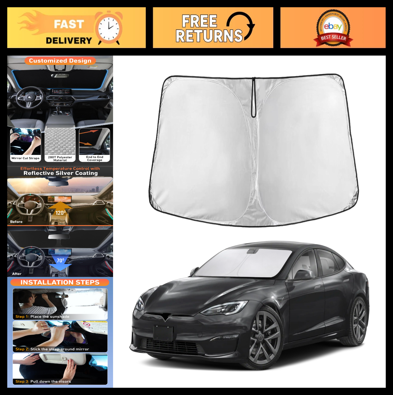 Windshield Sunshade for Tesla Model S 2012 2026, UV Heat Blocker & Sun Visor Cov0