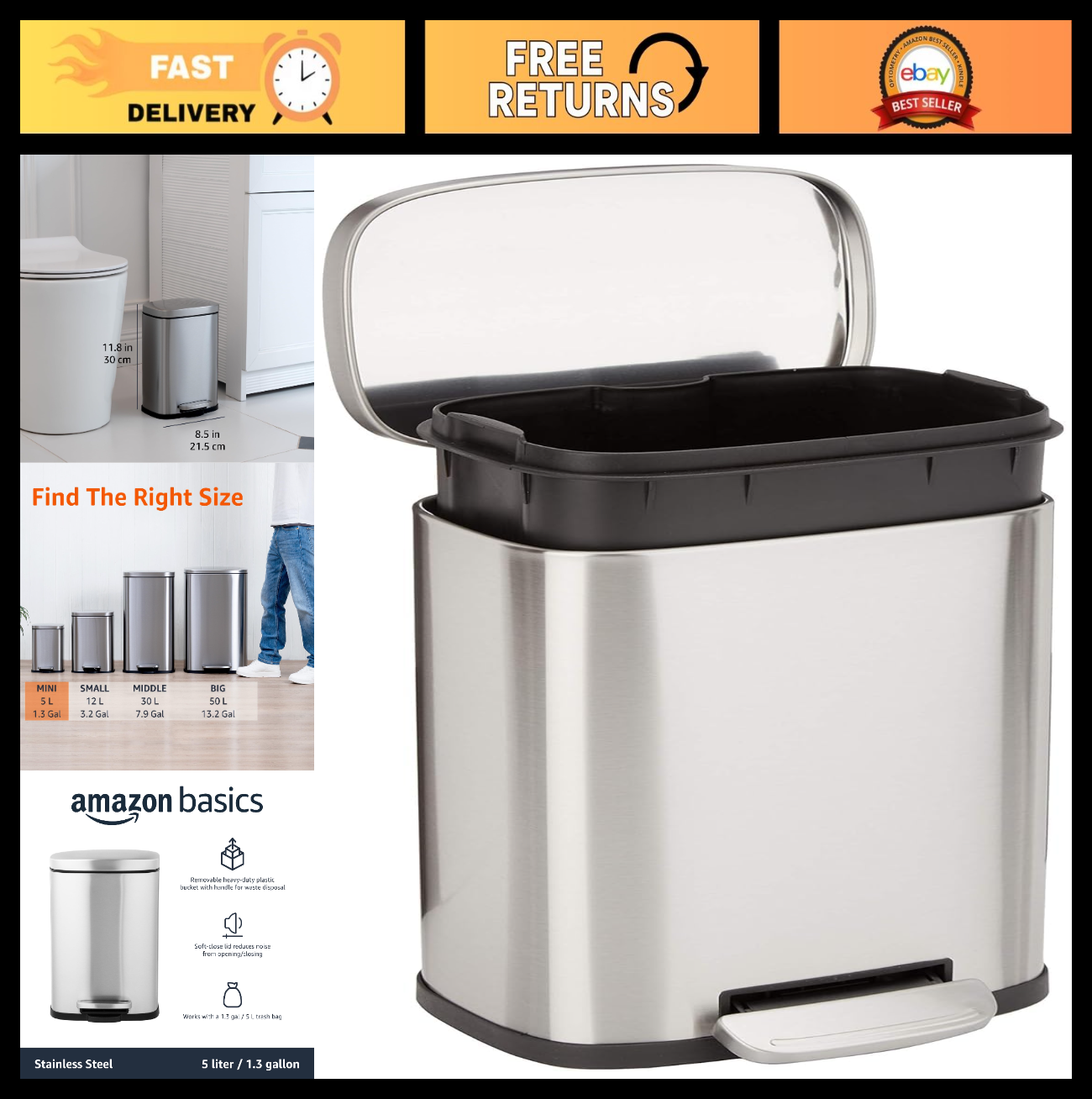 Mini Trash Can 1.32 Gallon Smudge Resistant Rectangular Bin with Soft Close Lid,0