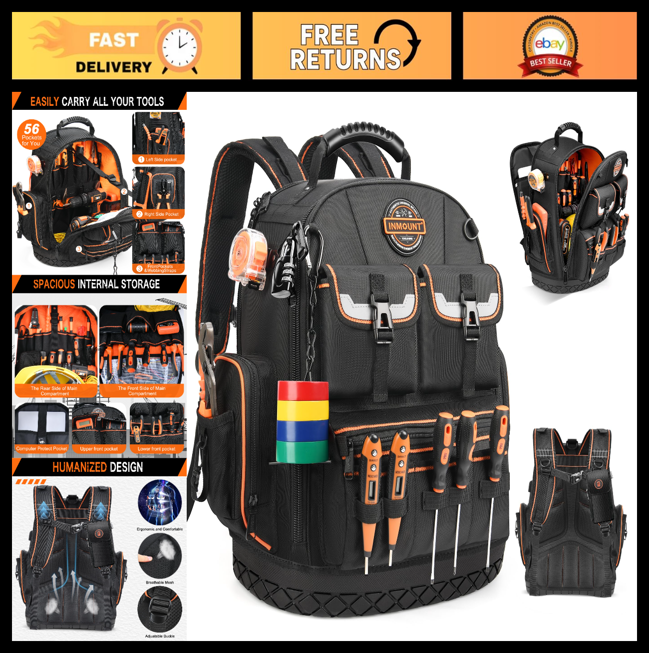 Heavy Duty Tool Backpack 18.5"   56 Pockets, Molded Bottom, Durable Storage Bag0