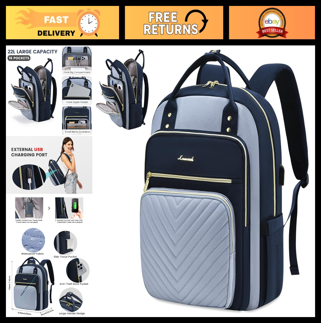 Stylish Waterproof Laptop Backpack for Women, 15.6" Travel Computer Bag, Work Pu0